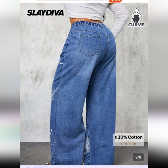 Women's Blue Feather Print Wide-Leg Jeans - Picture 3 of 11